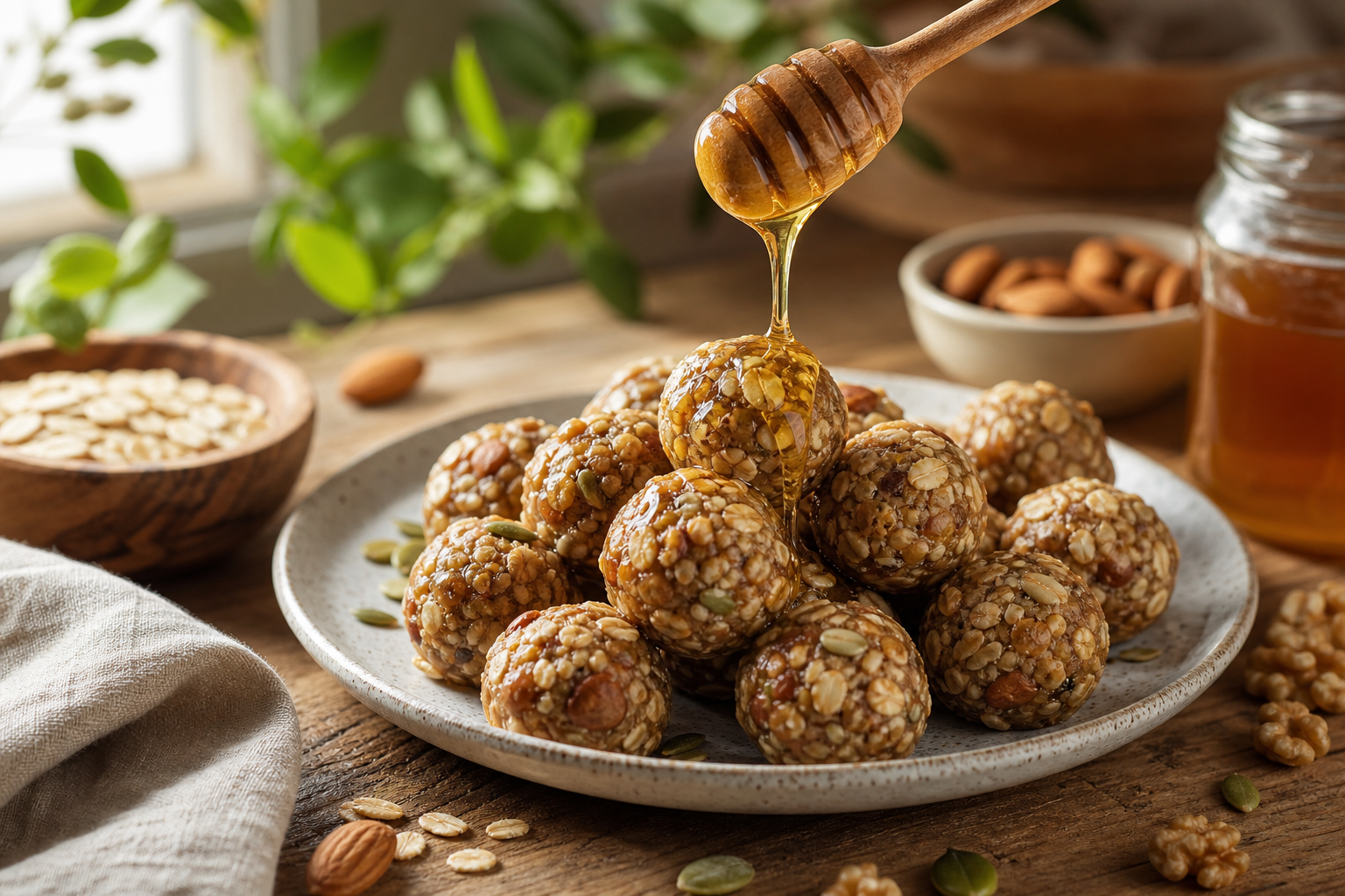 Meja kayu pedesaan dengan sepiring energy bite tanpa panggang dari oat, madu, kacang, dan biji-bijian, madu keemasan menetes dari sendok kayu