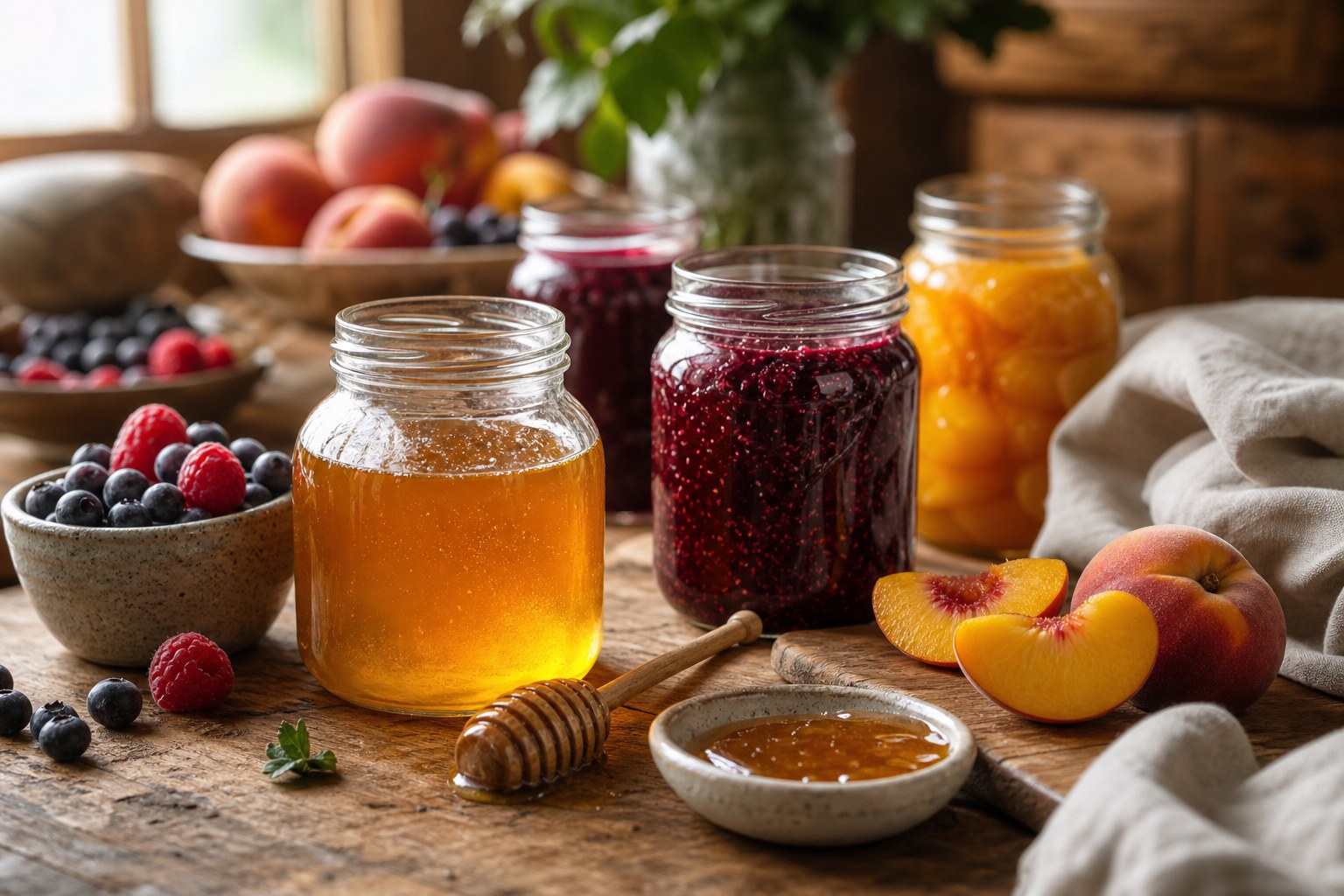 Toples kaca berisi madu mentah keemasan dengan sendok kayu di samping toples berisi manisan buah berpemanis madu, beri segar dan irisan persik, serta mangkuk kecil berisi madu di meja kayu dalam cahaya alami hangat