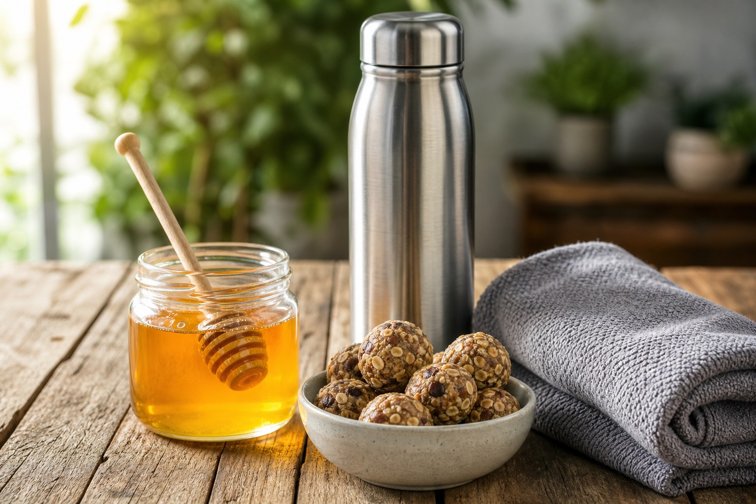 Toples kaca berisi madu mentah keemasan dengan sendok kayu di samping botol air, mangkuk energy bite oat dan kacang buatan sendiri, serta handuk gym terlipat di meja kayu dalam cahaya alami terang