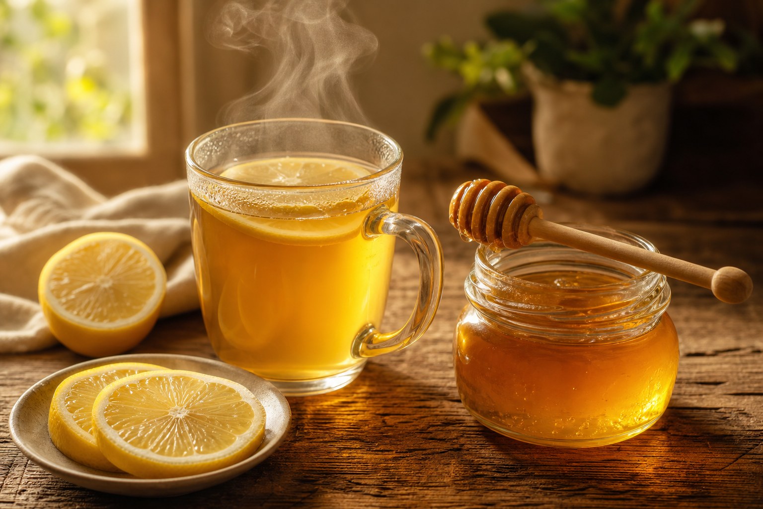 A warm cup of golden honey lemon tea with fresh lemon slices and a wooden honey dipper beside a glass jar of raw honey, soft warm light, cozy natural setting
