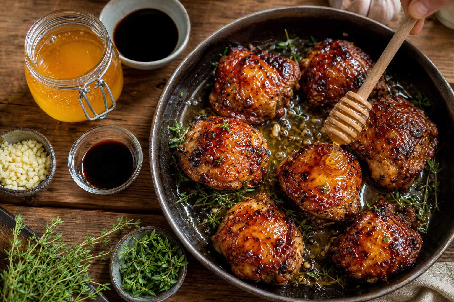 A glass jar of golden raw honey with a wooden dipper drizzling honey over a pan of glossy honey-glazed chicken with caramelized edges, beside small bowls of soy sauce, balsamic vinegar, and fresh herbs on a rustic wooden table in warm natural light