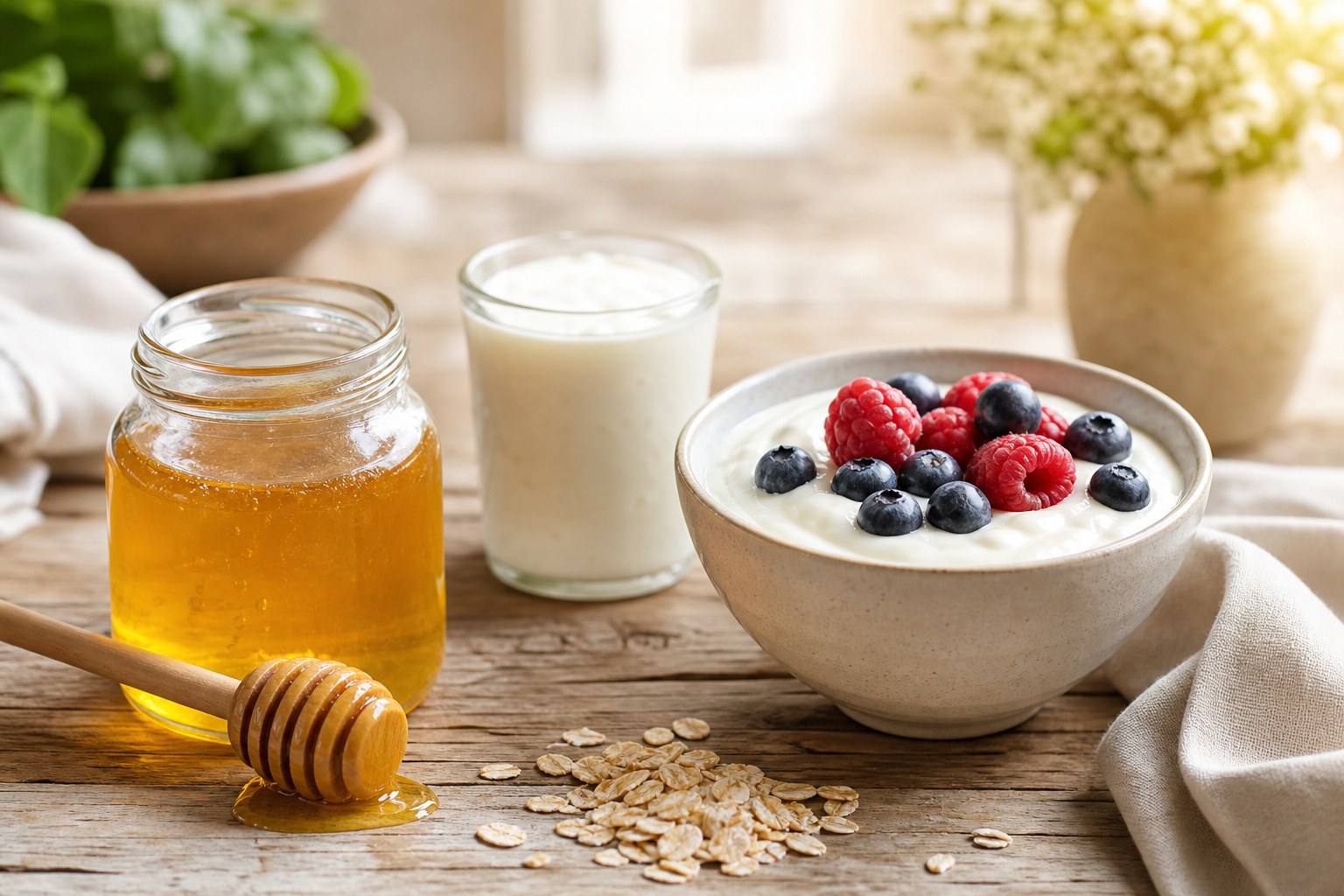 Toples kaca berisi madu mentah keemasan dengan sendok kayu di samping mangkuk yogurt tawar bertabur blueberry dan raspberry segar, segelas kefir, dan setumpuk oat gulung di meja kayu dalam cahaya alami yang lembut