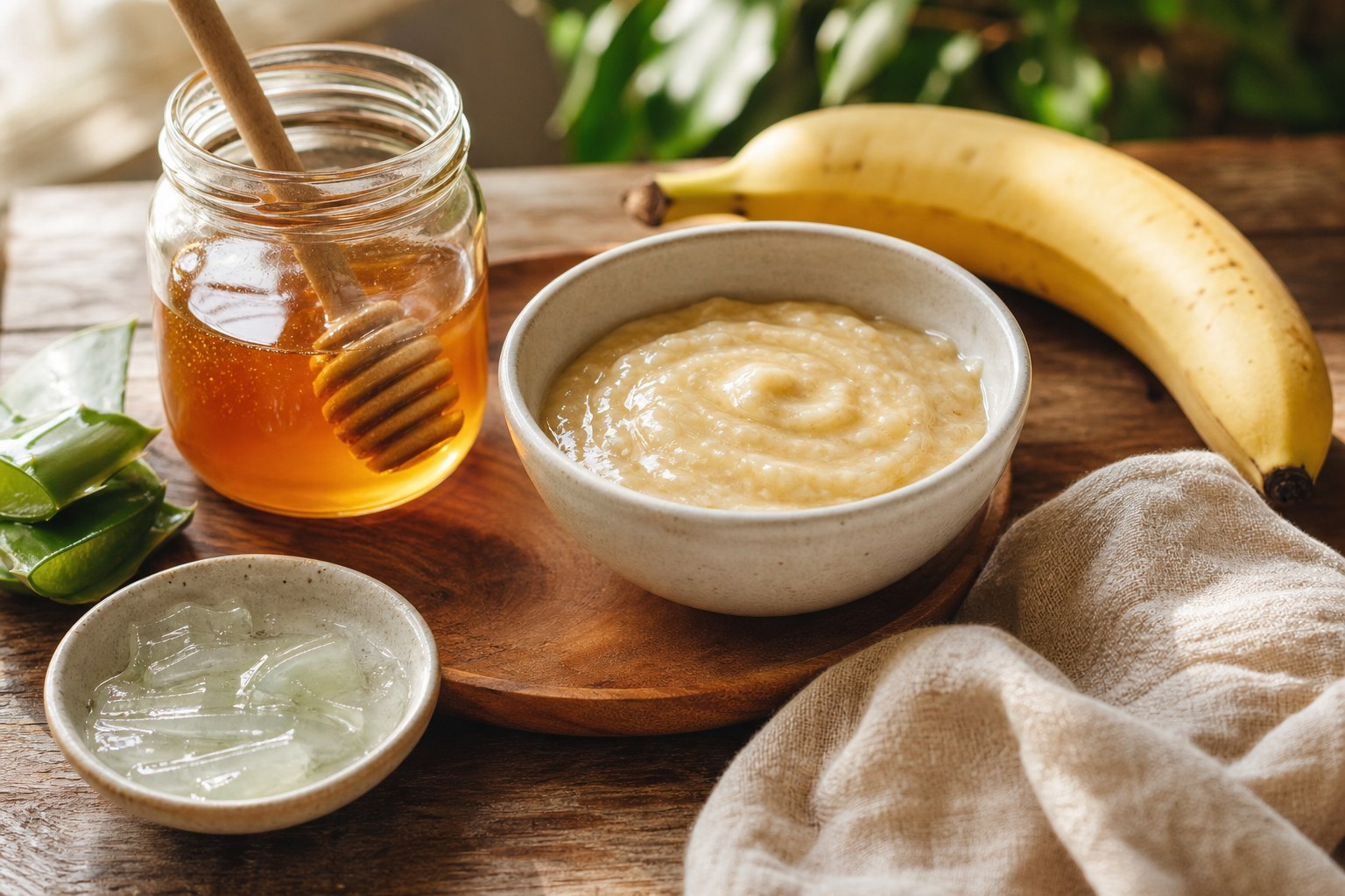 Toples kaca berisi madu mentah keemasan dengan sendok kayu di samping mangkuk berisi masker rambut madu yang lembut, pisang matang, gel lidah buaya segar, dan handuk linen di meja kayu dalam cahaya pagi yang lembut