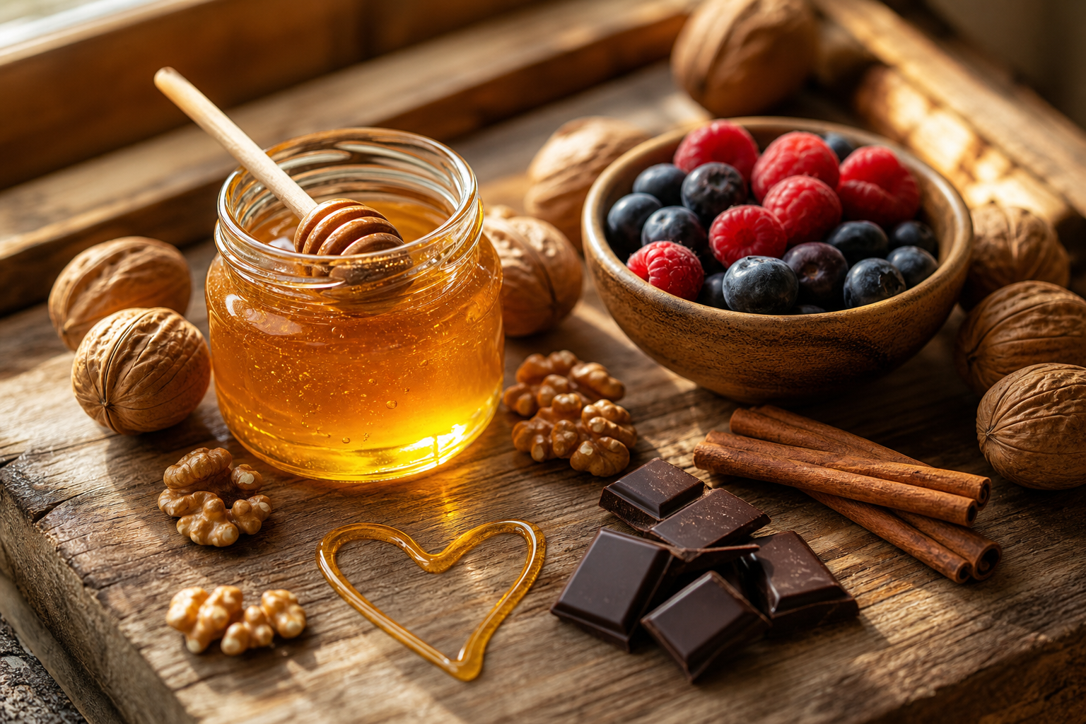 A rustic wooden table with a jar of golden honey, walnuts, fresh berries, and a heart-shaped drizzle of honey