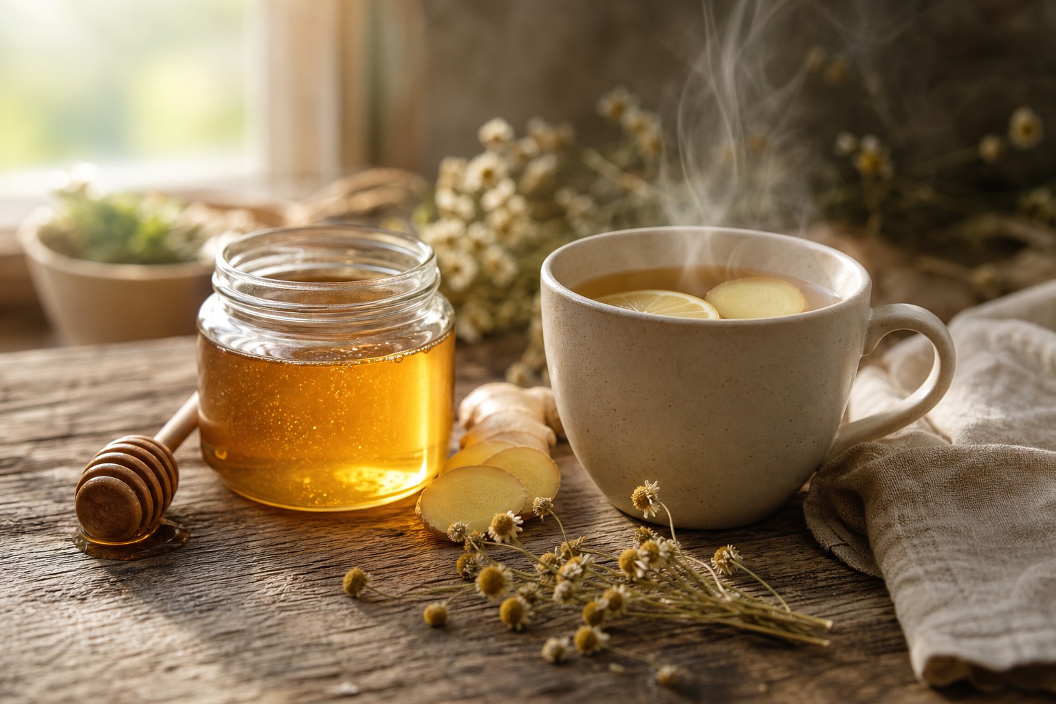 Toples kaca berisi madu mentah keemasan dengan sendok kayu di samping cangkir keramik berisi teh chamomile yang mengepul dengan irisan jahe segar dan lemon, setangkai bunga chamomile kering, dan serbet linen di meja kayu dalam cahaya pagi yang lembut dan hangat