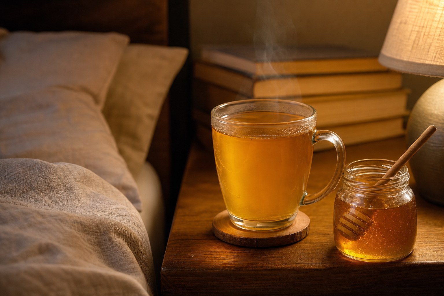 A cozy evening bedside scene with a warm mug of golden honey tea and a glass jar of raw honey with a wooden dipper on a wooden nightstand, soft warm lamplight