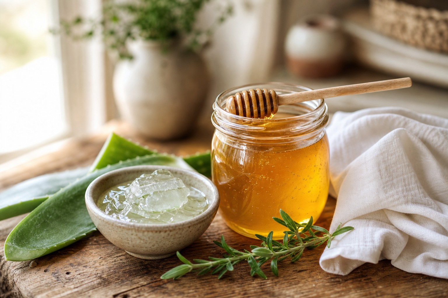 A glass jar of golden raw honey with a wooden dipper beside a small bowl of fresh aloe vera gel, a folded white linen cloth, and a sprig of green herb on a rustic wooden table in soft natural light