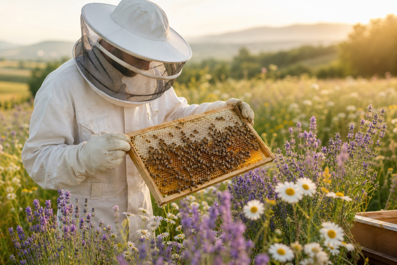 A beekeeper in protective white suit holding a wooden beehive frame filled with golden honeycomb, standing in a sunlit wildflower meadow with lavender and daisies